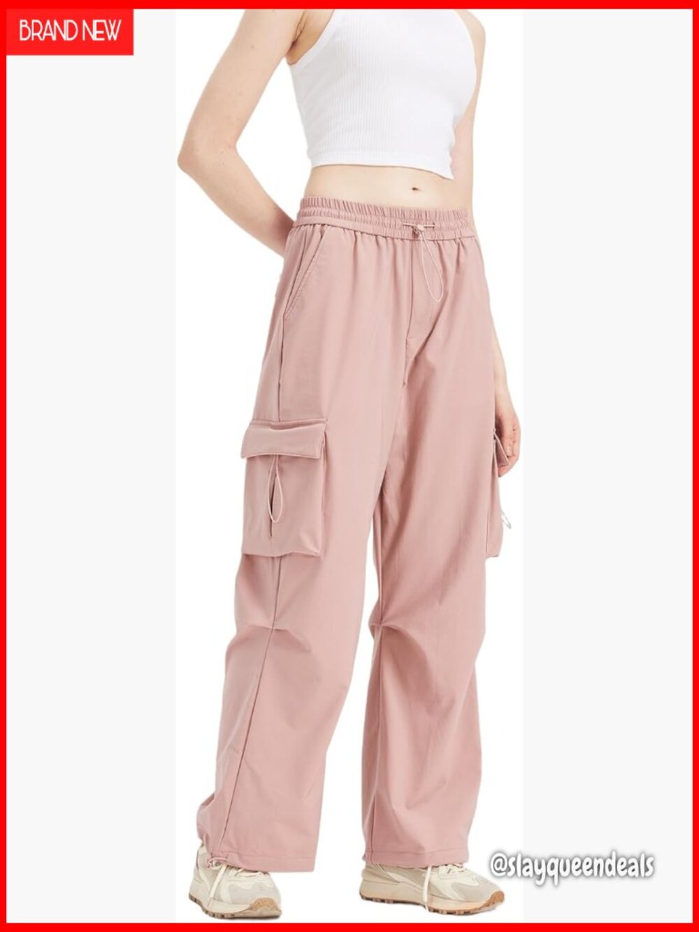 Wide Leg Cargo Pants with 5 Pockets, Waterproof Stretch Fabric, Elastic Waist - Picture 1 of 7